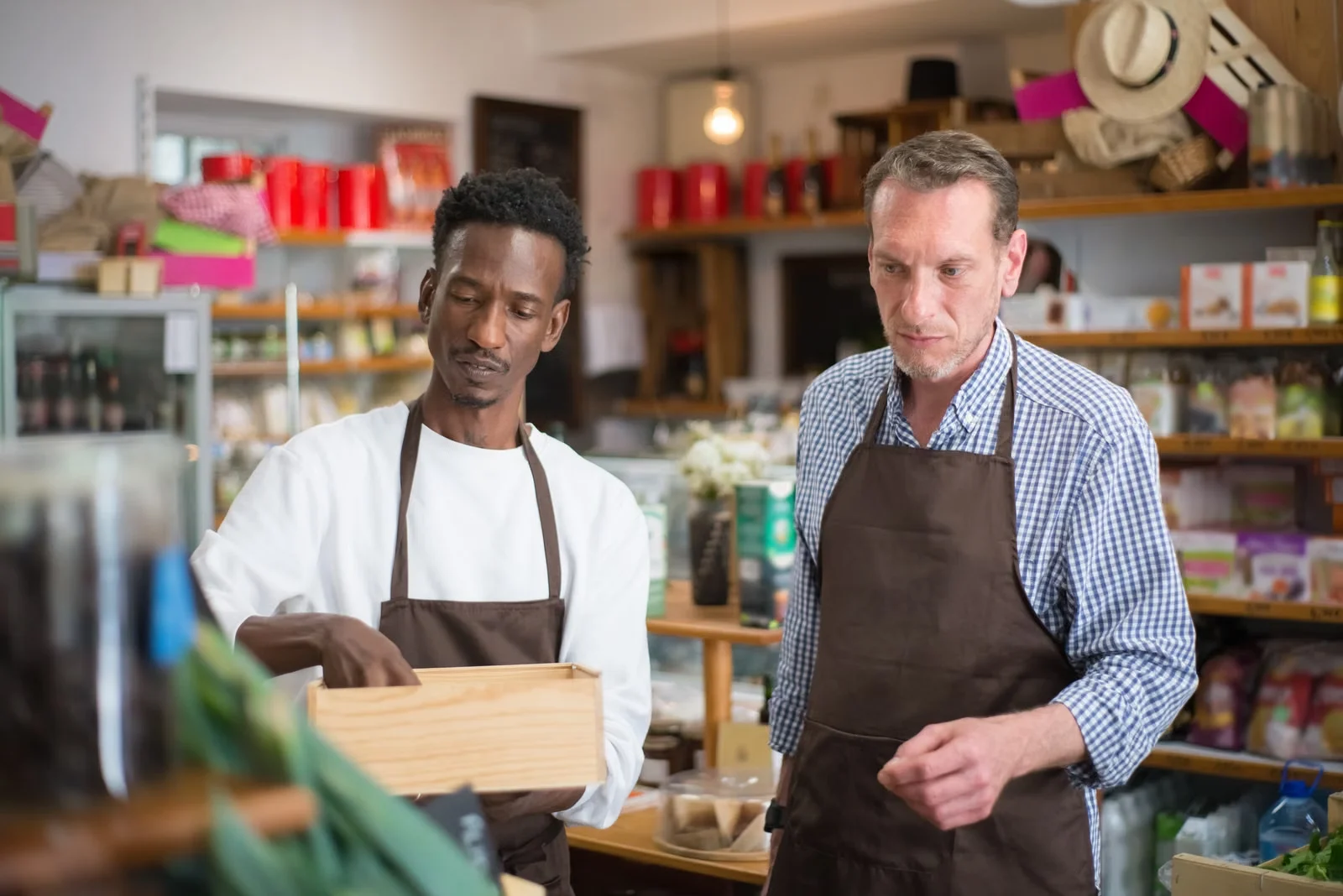 Two shop owners in aprons working side by side behind their counter